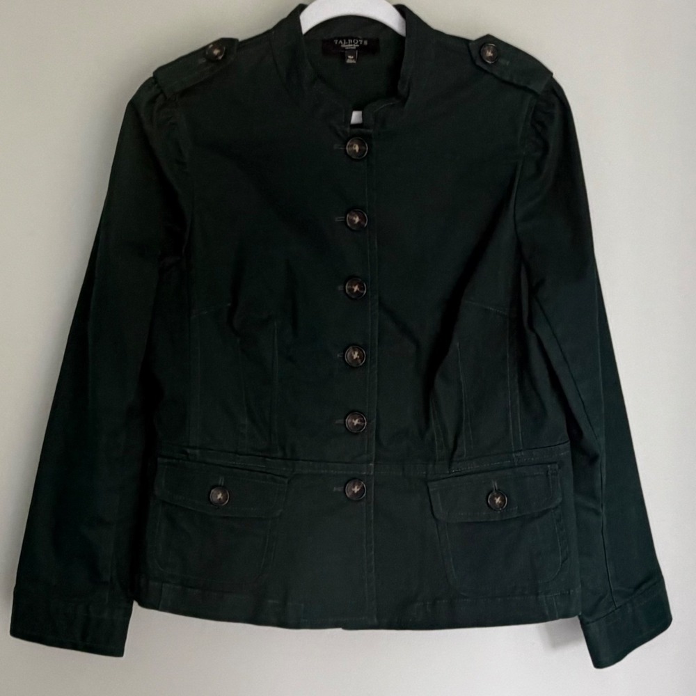 VTG Talbots Military Jacket Dark Green Button Front Puff Shoulder Petites 16P